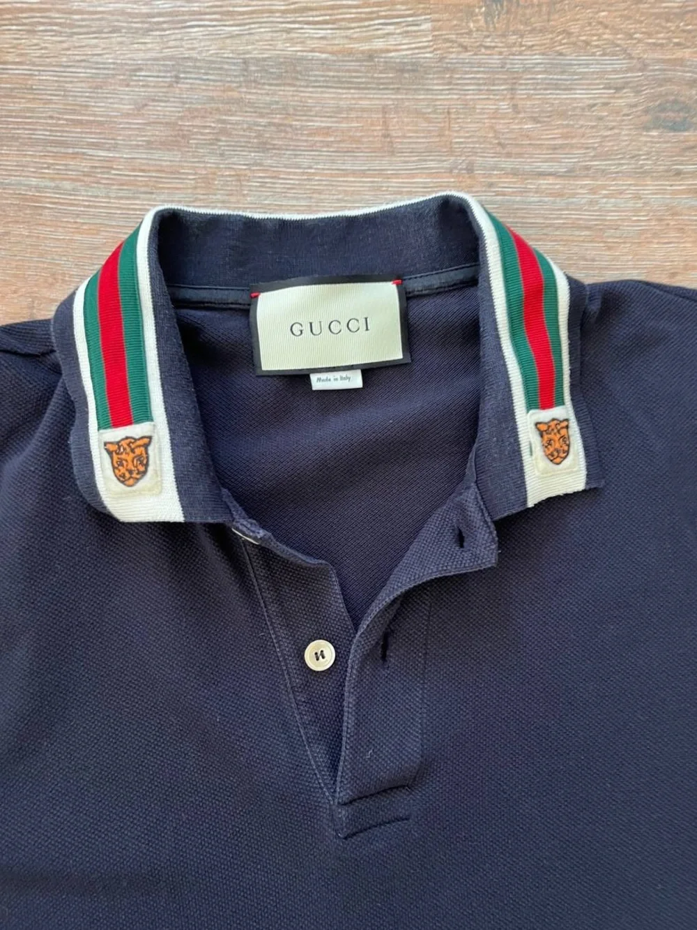 Gucci Navy Polo with Web and Tiger Collar Patches